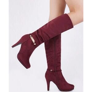 Dream Pairs W Sz 6.5 Boots Burgundy Red Cola Suede Thigh High 4.5” Heel